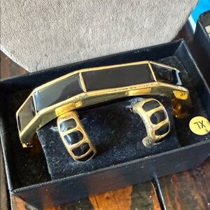 Vintage NOS Avenue Gold and Black Bangle Bracelet & Clip Earring Set